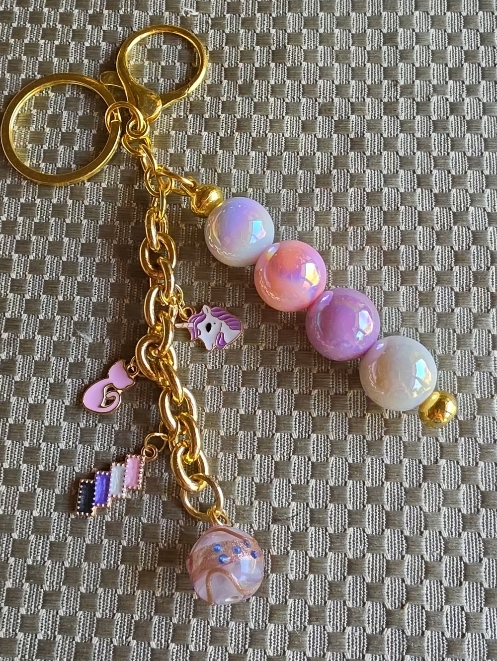 Gold-Tone Key & Card Holder Charm with Pink and Iridescent Beads